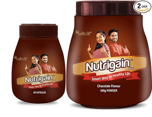 Nutrigain Plus Ayurvedic Weight Gainer Supplement Powder and Capsules 500 gm Powder with 60 Capsules Combo.