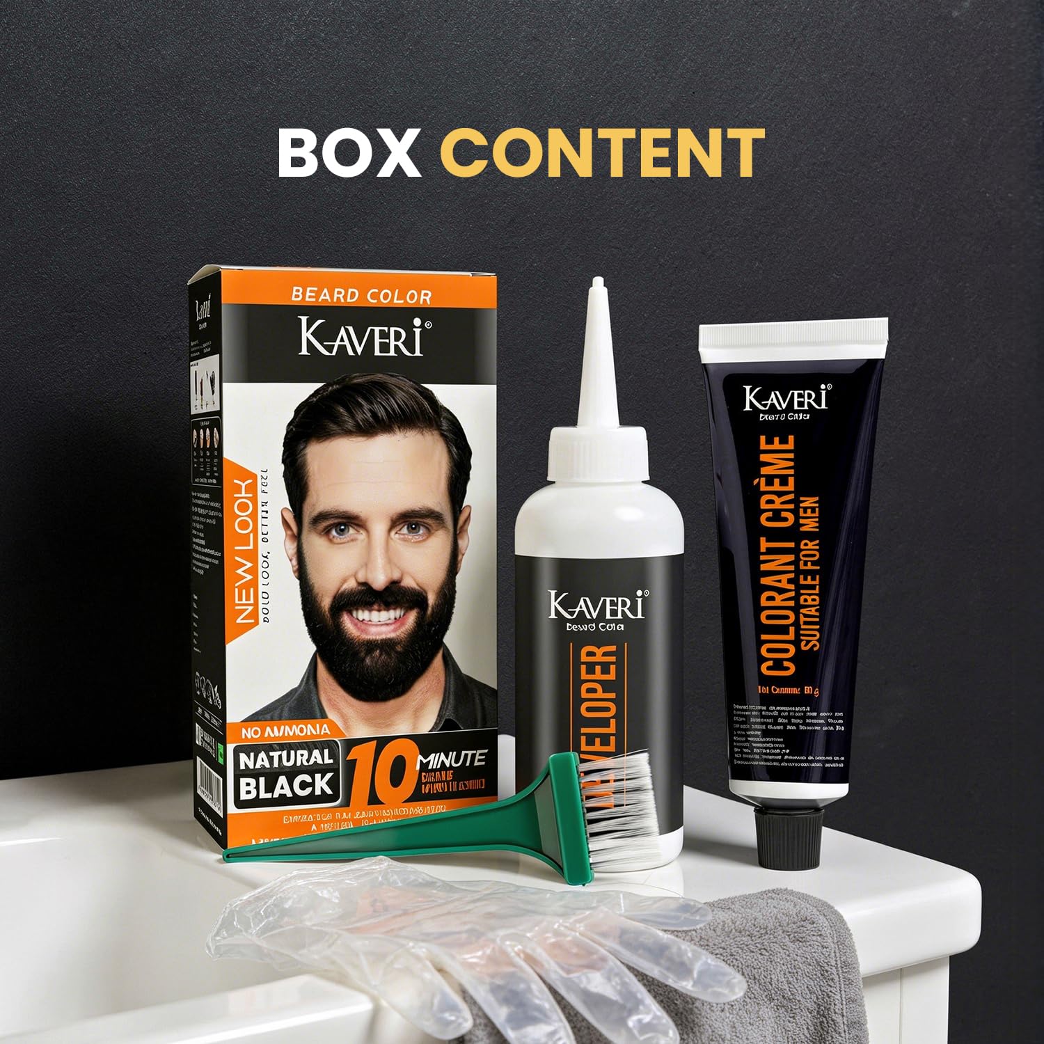 Kaveri Beard Color for Men – Natural Black | No Ammonia Beard Dye | 10 Minute Gray Coverage | Permanent Beard Moustache & Sideburn Color | With Developer & Brush | 60g + 60ml