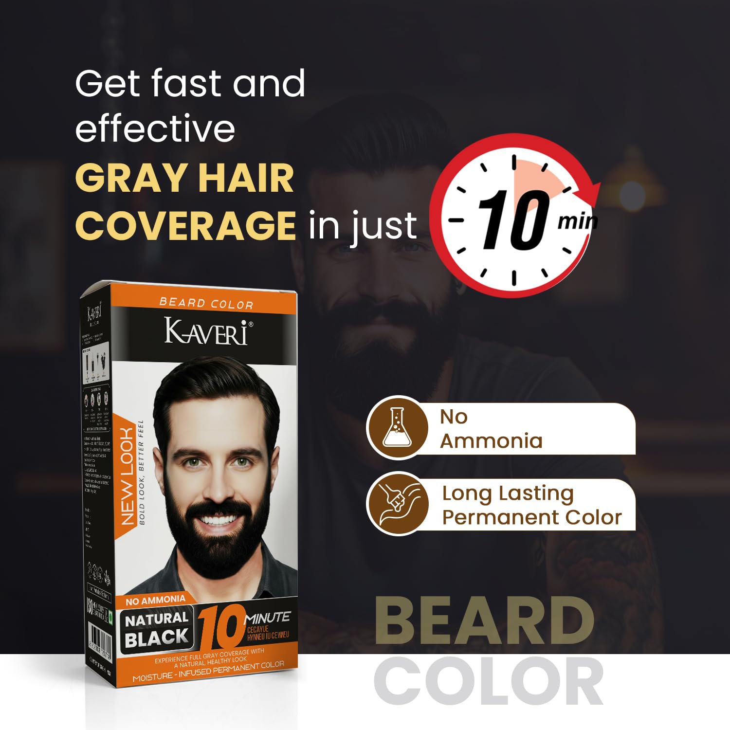 Kaveri Beard Color for Men – Natural Black | No Ammonia Beard Dye | 10 Minute Gray Coverage | Permanent Beard Moustache & Sideburn Color | With Developer & Brush | 60g + 60ml