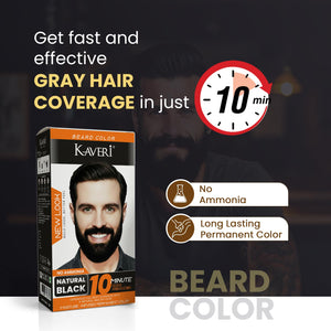 Kaveri Beard Color for Men – Natural Black | No Ammonia Beard Dye | 10 Minute Gray Coverage | Permanent Beard Moustache & Sideburn Color | With Developer & Brush | 60g + 60ml