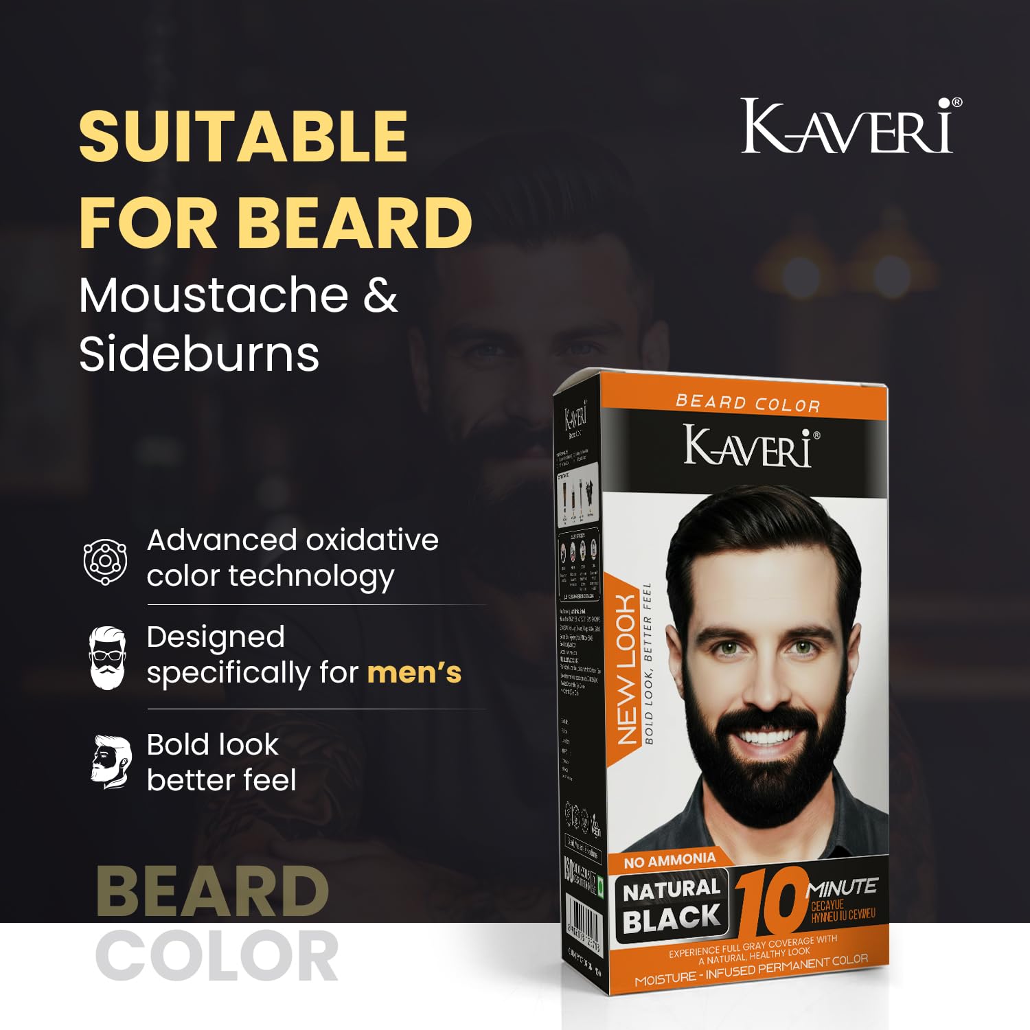Kaveri Beard Color for Men – Natural Black | No Ammonia Beard Dye | 10 Minute Gray Coverage | Permanent Beard Moustache & Sideburn Color | With Developer & Brush | 60g + 60ml
