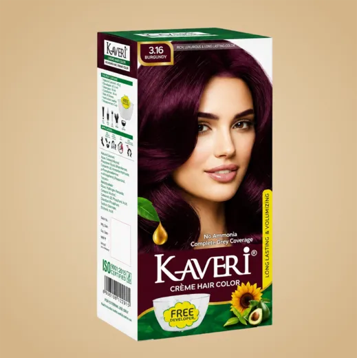 Kaveri Burgundy Crème Hair Colour – Ammonia-Free Hair Colouring Cream with Argan, Avocado & Sunflower Oils | 100% Grey Coverage | 60g + 60ml