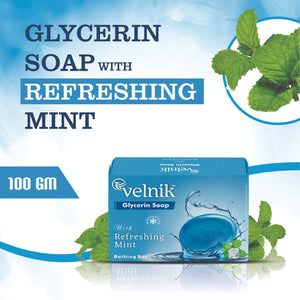 Velnik Glycerin Soap With Mint Gentle Cleansing Hydrates Refreshment Skin Body Wash for Women & Men with Skin Conditioners for Radiant Glow & Moisturised Suitable for All Skin Types 75 gm (Pack Of 3, 4 & 6)